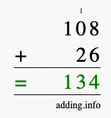 Calculate 108 + 26 using long addition