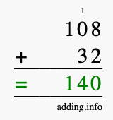 Calculate 108 + 32 using long addition