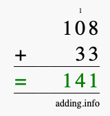 Calculate 108 + 33 using long addition