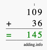 Calculate 109 + 36 using long addition