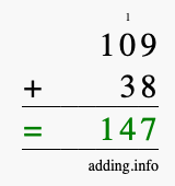 Calculate 109 + 38 using long addition