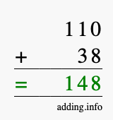 Calculate 110 + 38 using long addition