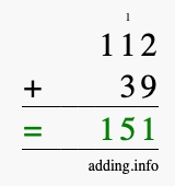 Calculate 112 + 39 using long addition