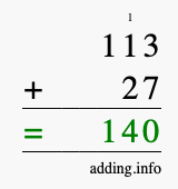 Calculate 113 + 27 using long addition