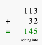 Calculate 113 + 32 using long addition