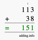 Calculate 113 + 38 using long addition
