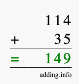 Calculate 114 + 35 using long addition