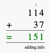 Calculate 114 + 37 using long addition