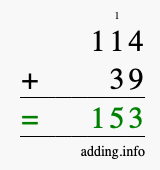 Calculate 114 + 39 using long addition