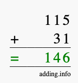 Calculate 115 + 31 using long addition