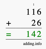 Calculate 116 + 26 using long addition