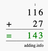 Calculate 116 + 27 using long addition