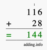 Calculate 116 + 28 using long addition