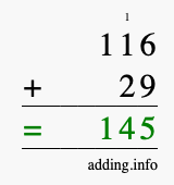 Calculate 116 + 29 using long addition