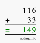 Calculate 116 + 33 using long addition