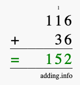 Calculate 116 + 36 using long addition