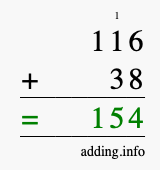 Calculate 116 + 38 using long addition