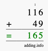 Calculate 116 + 49 using long addition