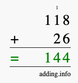 Calculate 118 + 26 using long addition