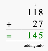 Calculate 118 + 27 using long addition