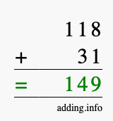 Calculate 118 + 31 using long addition