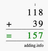 Calculate 118 + 39 using long addition