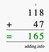 Calculate 118 + 47 using long addition