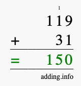 Calculate 119 + 31 using long addition