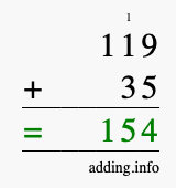 Calculate 119 + 35 using long addition