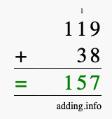 Calculate 119 + 38 using long addition