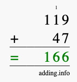 Calculate 119 + 47 using long addition
