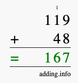 Calculate 119 + 48 using long addition