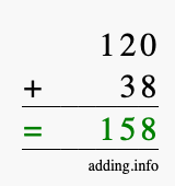 Calculate 120 + 38 using long addition