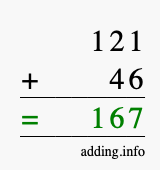 Calculate 121 + 46 using long addition