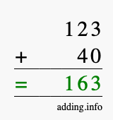 Calculate 123 + 40 using long addition