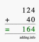 Calculate 124 + 40 using long addition