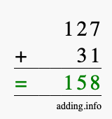 Calculate 127 + 31 using long addition