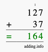 Calculate 127 + 37 using long addition