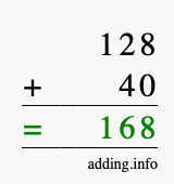 Calculate 128 + 40 using long addition