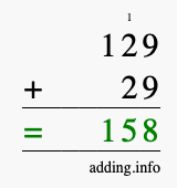 Calculate 129 + 29 using long addition