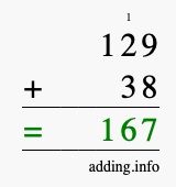 Calculate 129 + 38 using long addition