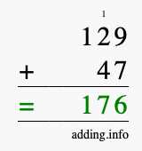 Calculate 129 + 47 using long addition
