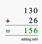 Calculate 130 + 26 using long addition