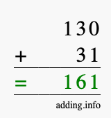 Calculate 130 + 31 using long addition