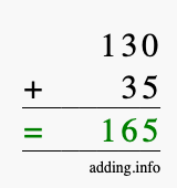 Calculate 130 + 35 using long addition