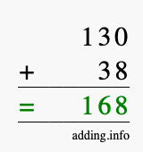 Calculate 130 + 38 using long addition