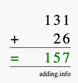 Calculate 131 + 26 using long addition