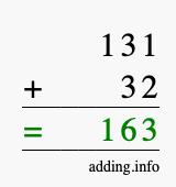 Calculate 131 plus 32 using long addition Calculate 131 + 32 using long addition