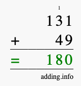 Calculate 131 + 49 using long addition