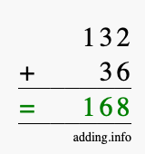 Calculate 132 + 36 using long addition